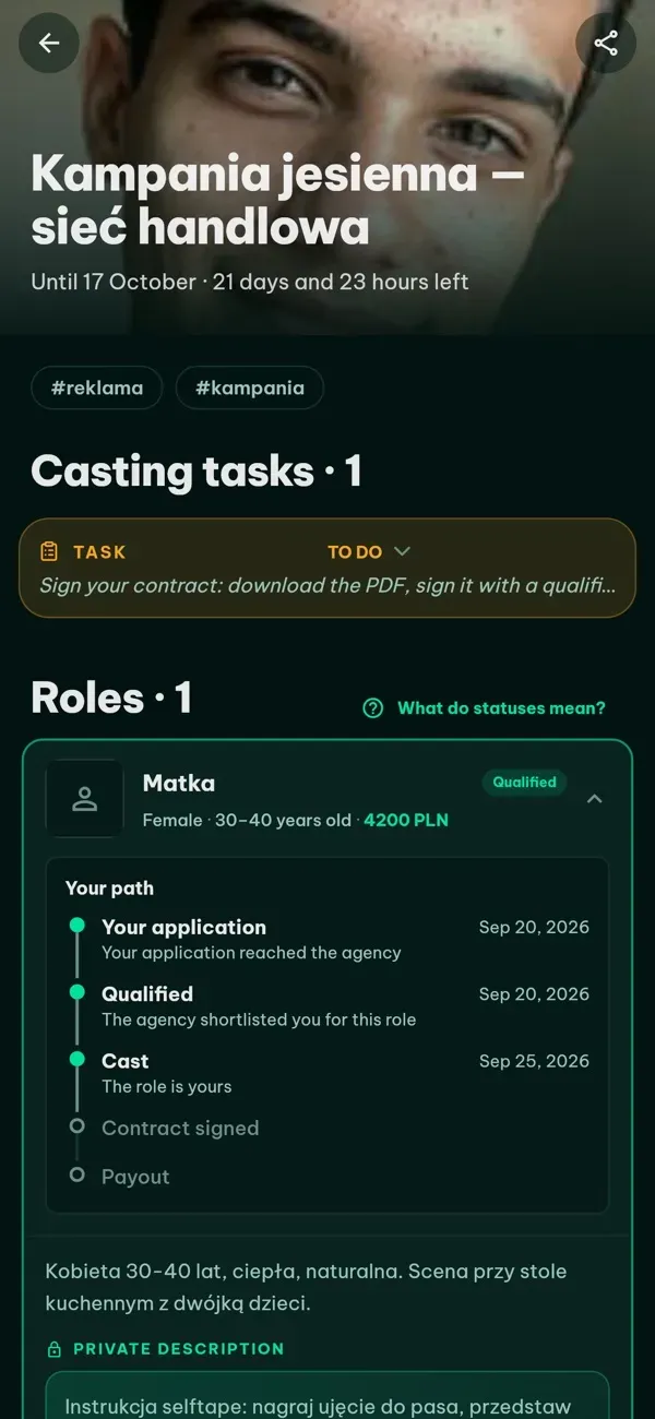 Ekran castingu w aplikacji casting.studio: zadania, role i ścieżka kandydata (zrzut z App Store)