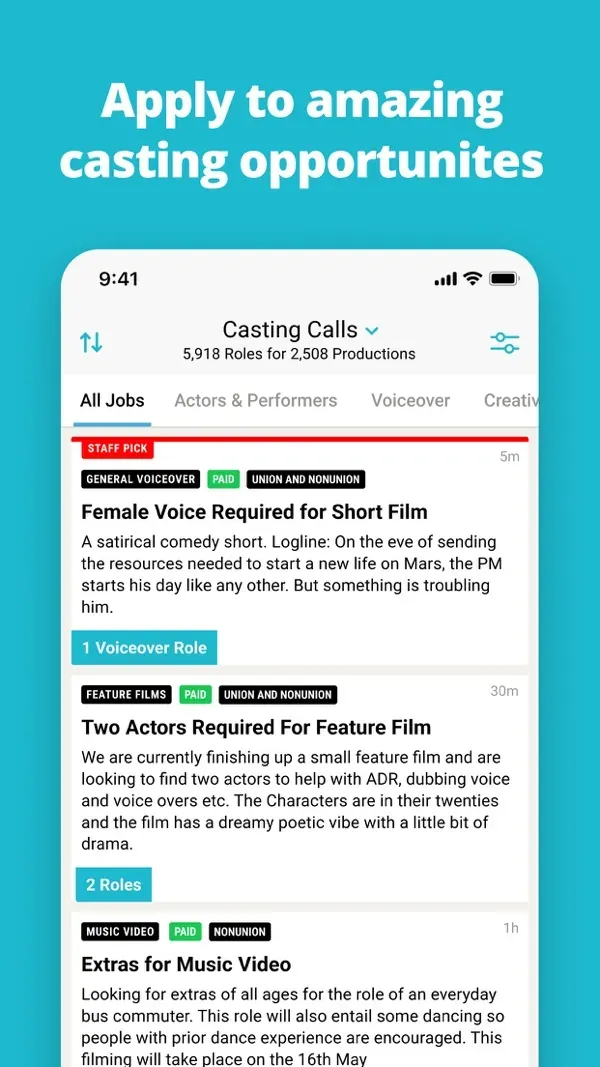 Lista ogłoszeń castingowych w aplikacji StarNow (zrzut z App Store)
