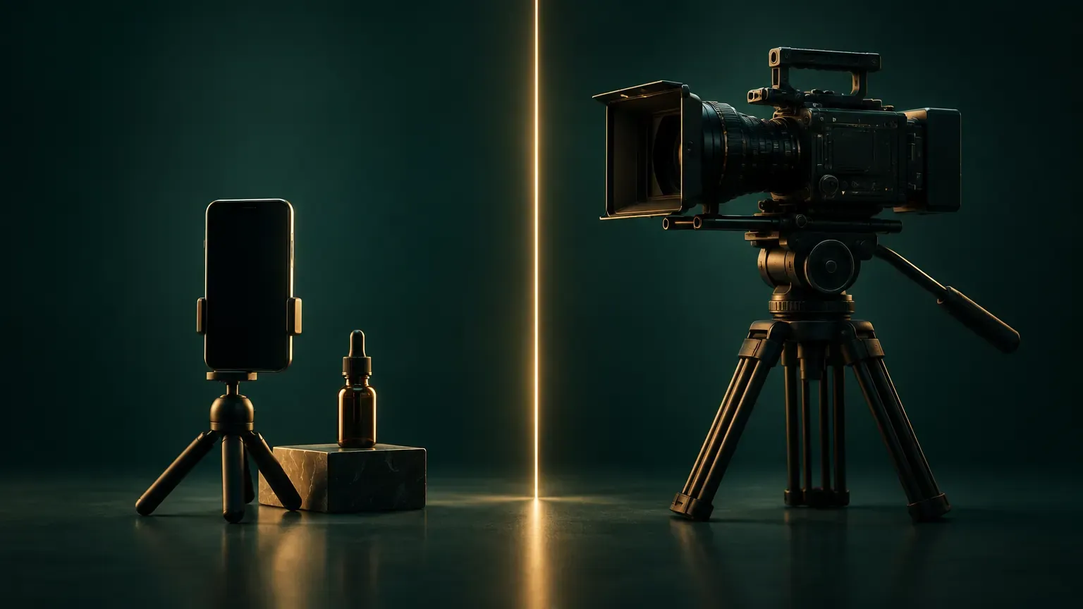 Telefon na statywie z produktem obok profesjonalnej kamery filmowej